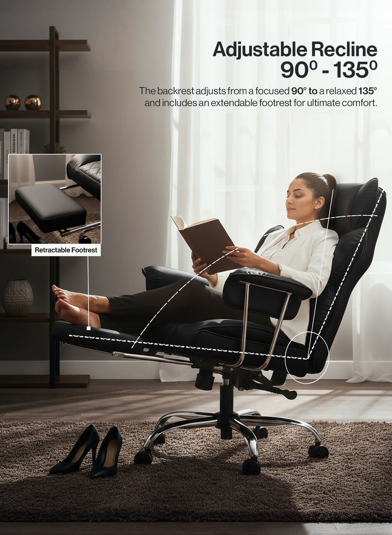 دراجو كرسي مكتب منزلي كبير الحجم وطويل القامة مع مسند للقدمين، مصنوع من الجلد الصناعي، مزود بدعم قطني بنوابض جيبية | كرسي مكتب دوار مريح بتصميم هندسي | كرسي ألعاب كمبيوتر مريح مع مسند للذراعين | كرسي استرخاء أسود قابل لتعديل الارتفاع مع ظهر مرتفع - Image 4